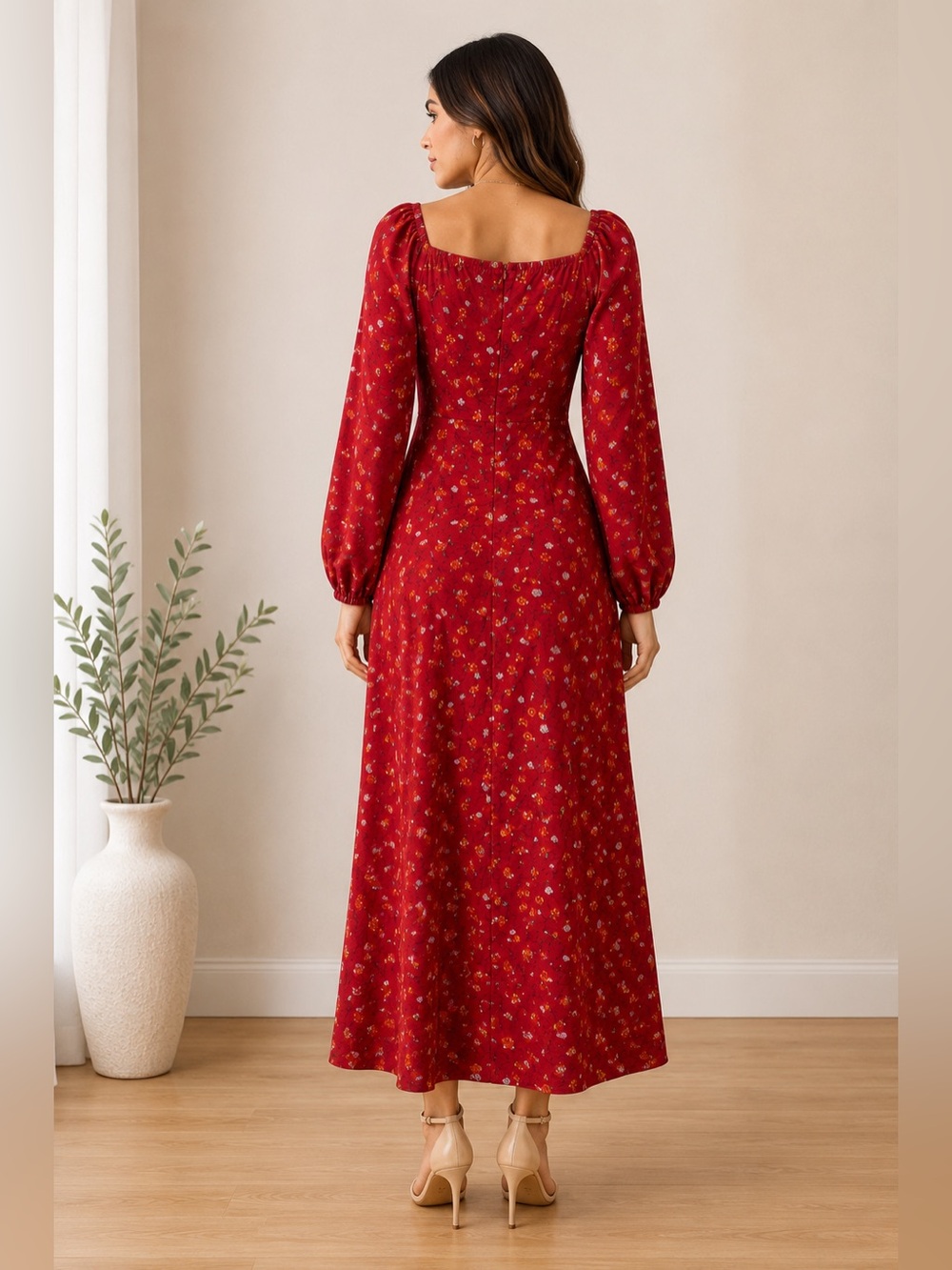 SHEIN Red Floral Long Sleeve Maxi Dress | XL - Picture 2 of 5